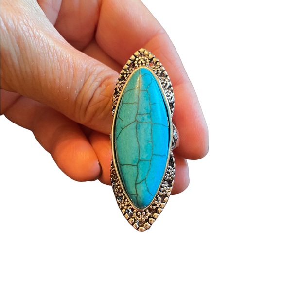 Boho Oversized Silver and Turquoise Ring - Picture 2 of 7